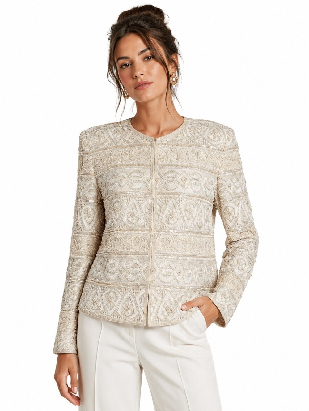 Vintage Scala Silk Beaded Sequin Jacket Ivory Small 80s 90s